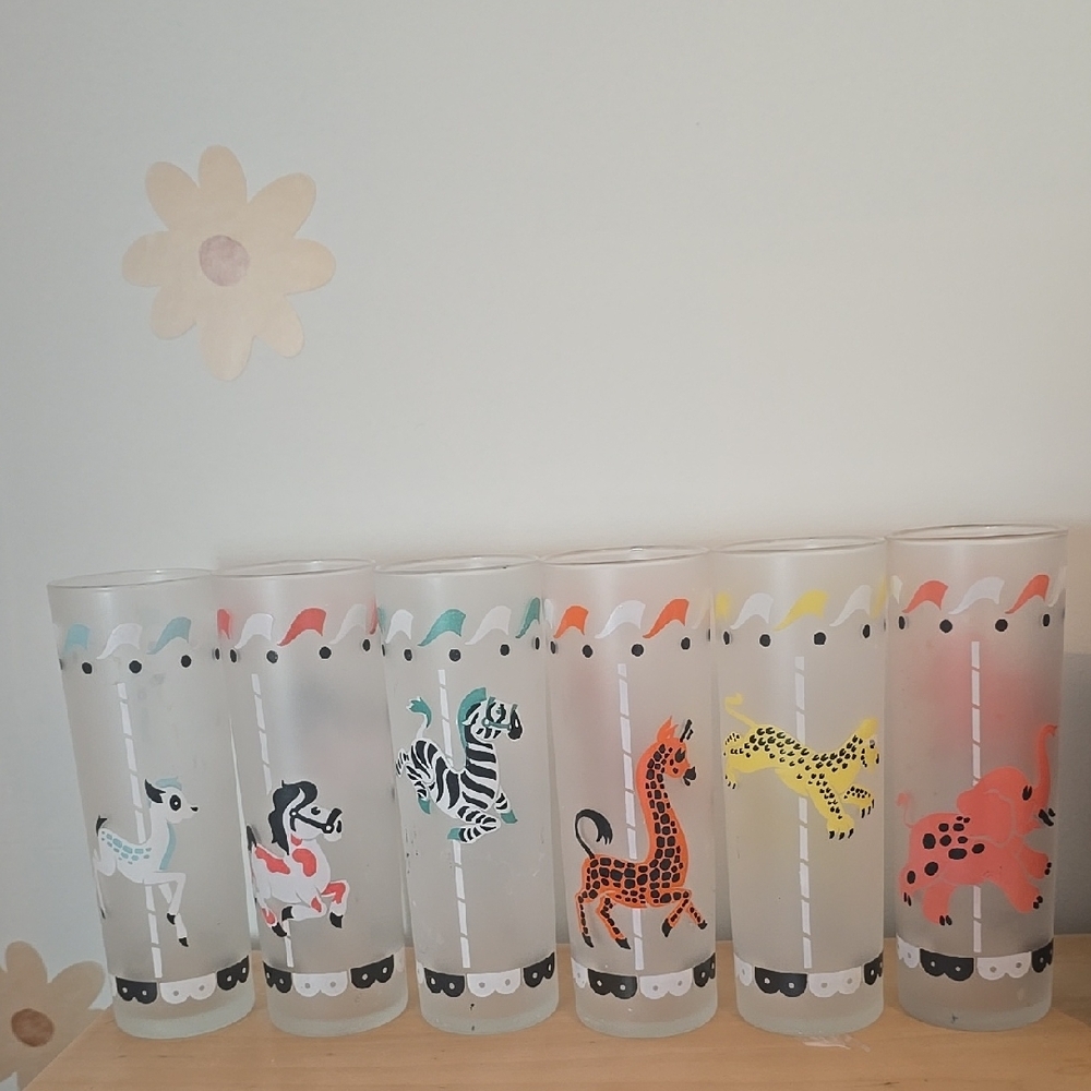 Vintage Libbey Frosted Circus Carousel Glasses Set of six, mid century modern